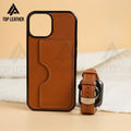 Ốp lưng da iphone cao cấp ốp da thủ công viền đen màu gold có ngăn thẻ