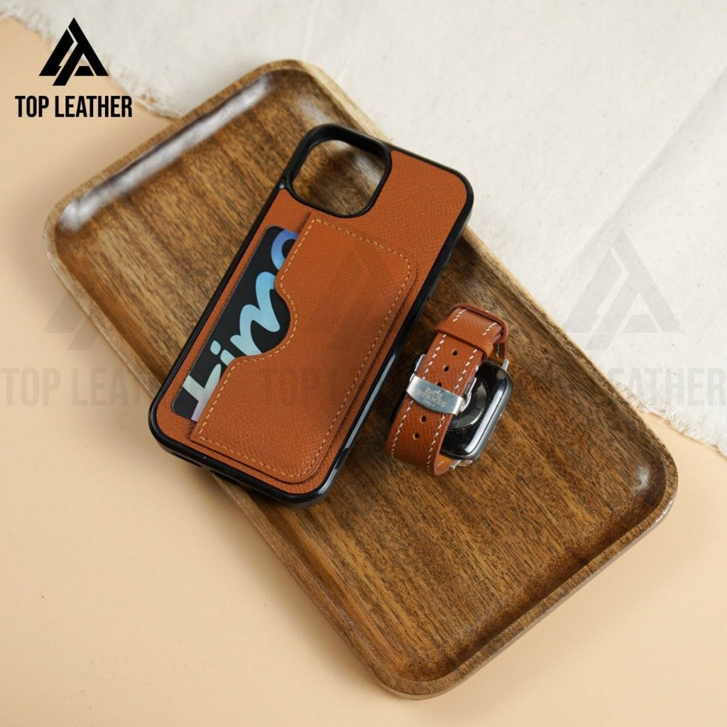 Ốp lưng da iphone cao cấp ốp da thủ công viền đen màu gold có ngăn thẻ