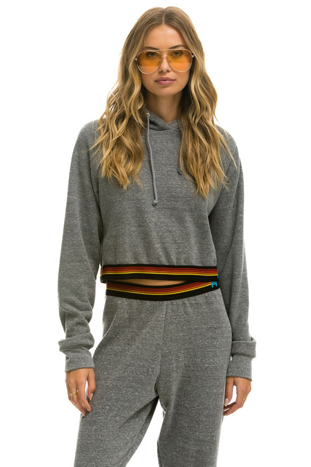 LOGO STRIPE CROP PULLOVER HOODIE - HEATHER GREY