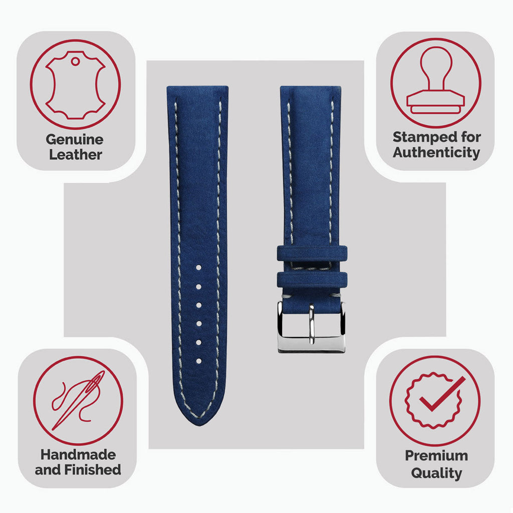 Bracelet en cuir épais et rembourré pour montre Ostend - Nubuck bleu azur