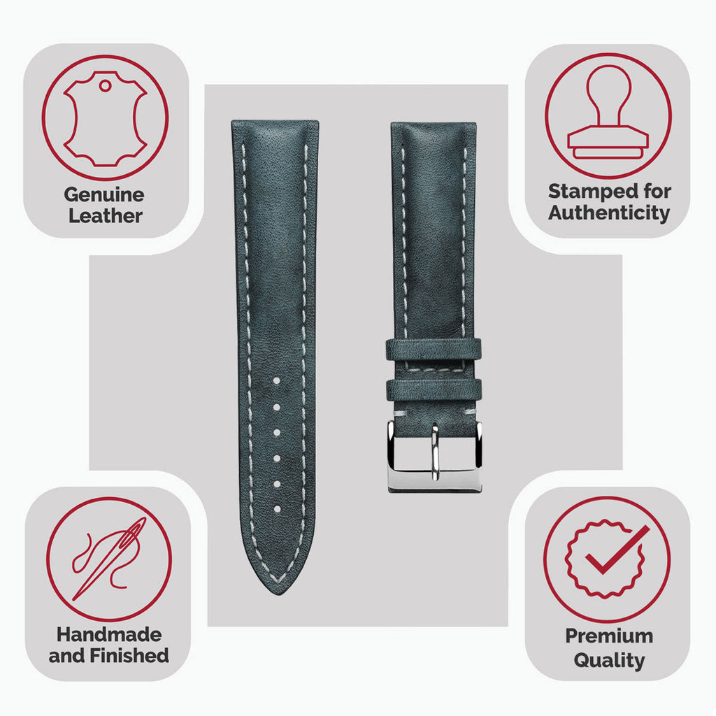 Ostend Thick Padded Leather Watch Strap - Patina Blue Jeans