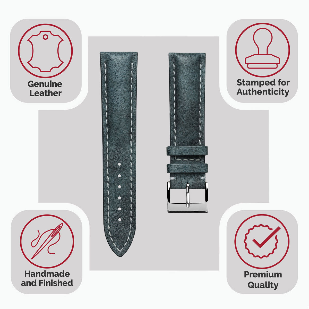 Ostend Thick Padded Leather Watch Strap - Patina Blue Jeans