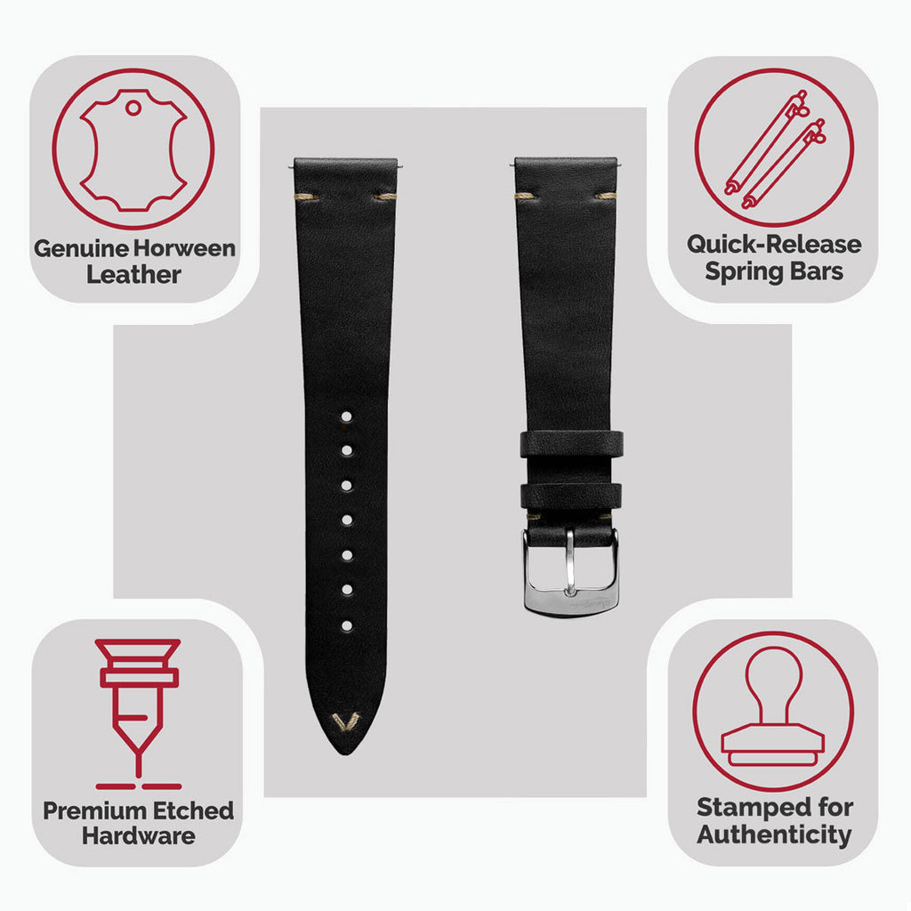 Genuine Horween Chromexcel® V-Stitch Leather Watch Strap - Chromexcel Black
