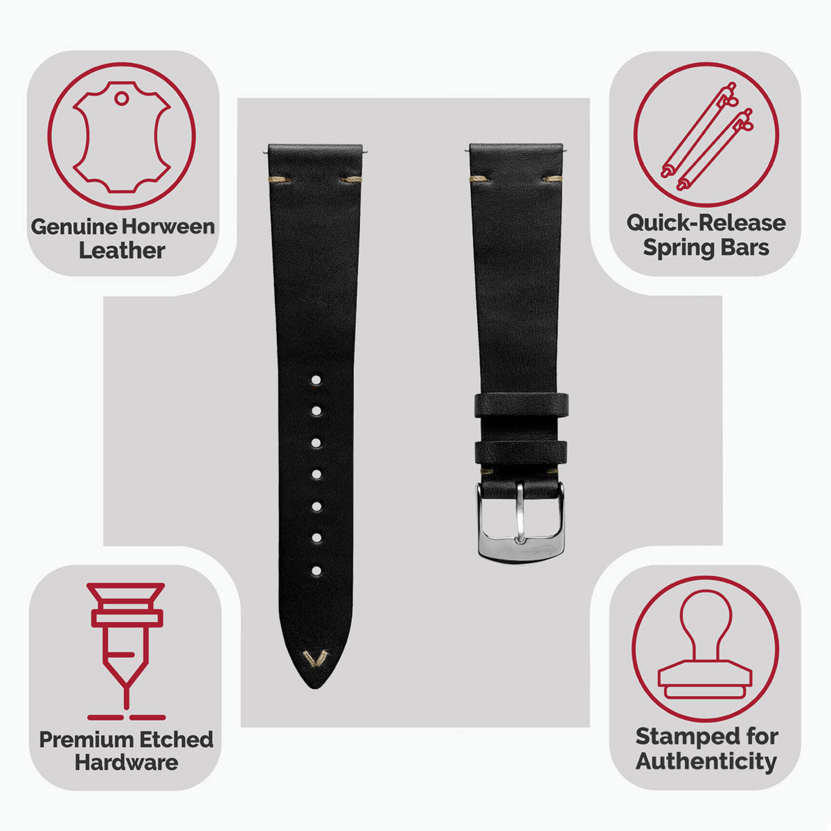 Genuine Horween Chromexcel® V-Stitch Leather Watch Strap - Chromexcel Black