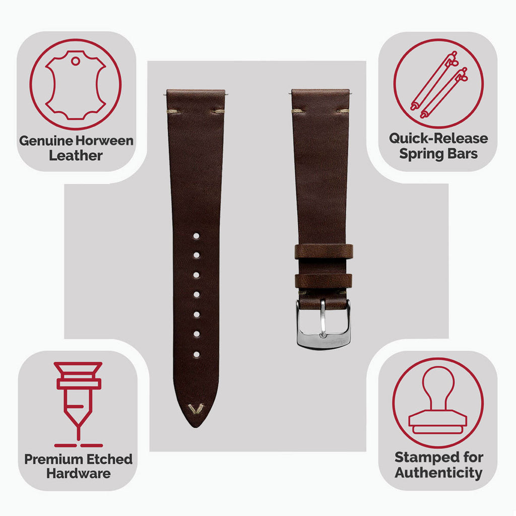 Genuine Horween Chromexcel® V-Stitch Leather Watch Strap - Chromexcel Dark Brown