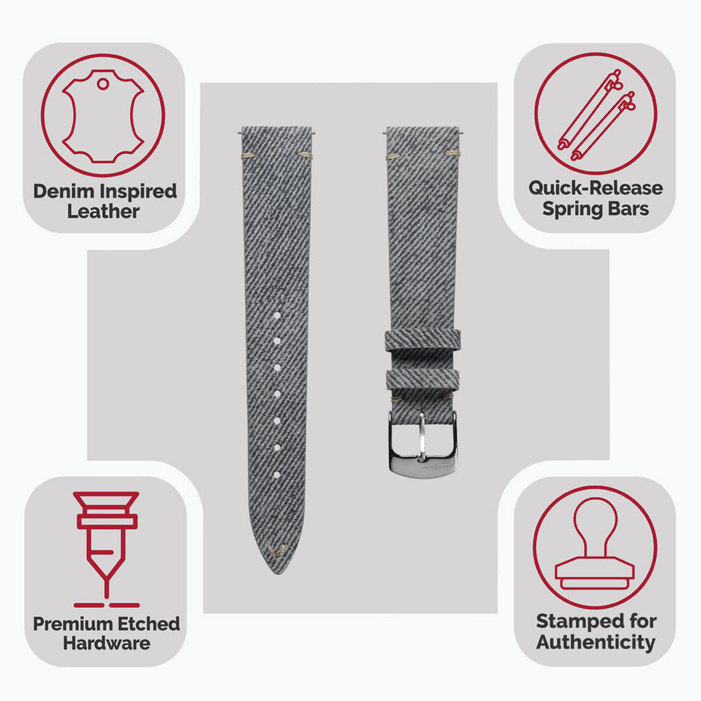 Bracelet de montre en cuir véritable avec design en denim V-Stitch - Gris élég Antenez