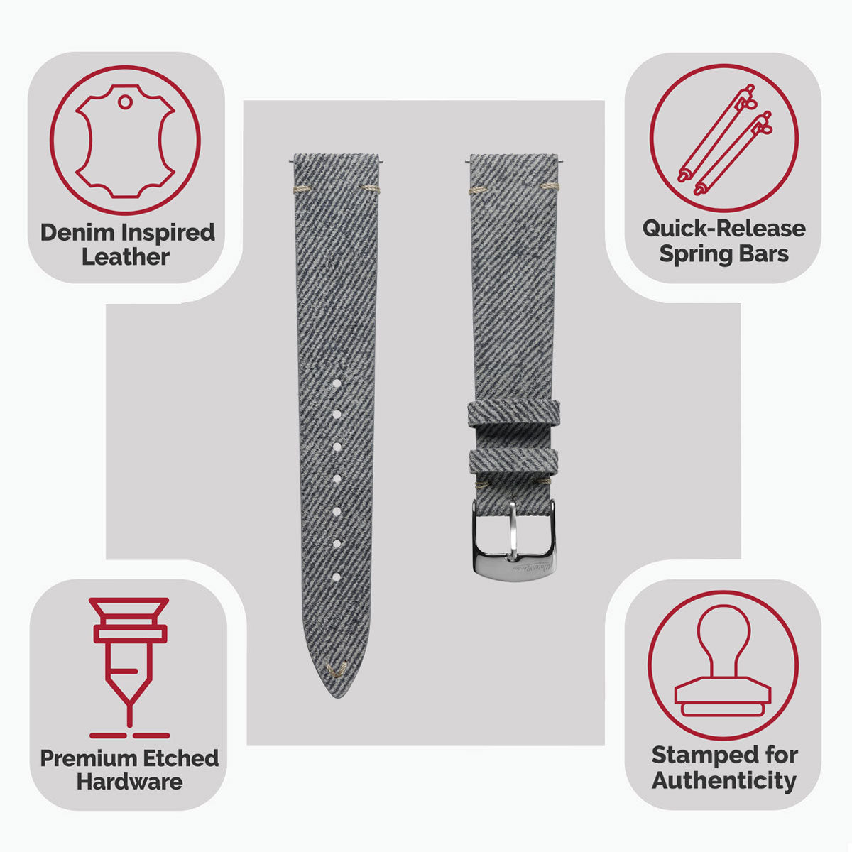 Bracelet de montre en cuir véritable avec design en denim V-Stitch - Gris élég Antenez
