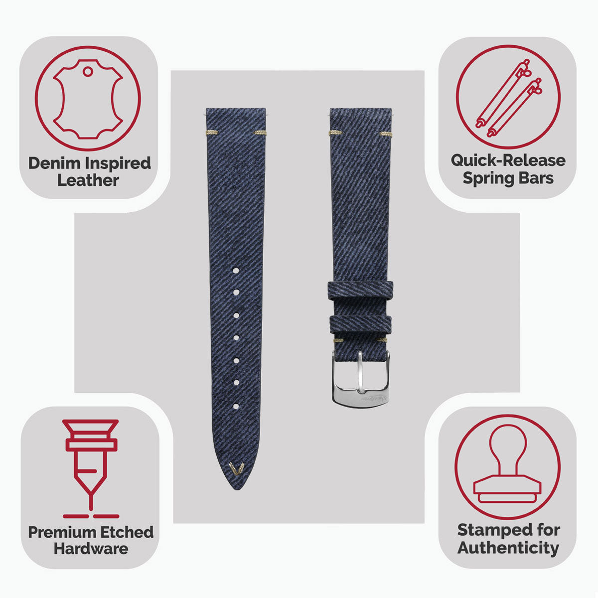 Arbour V-Stitch Denim Design Echtes Leder Uhrenarmband - Marineblau