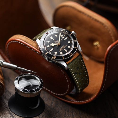 Beaufort Racing Badalassi Carlo Minerva Box Leather Perforated Watch Strap - Olive Green