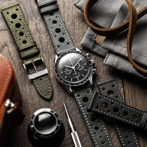 Bracelet de Montre en Cuir Patiné fait Main Boutsen Racing - Vert Armée