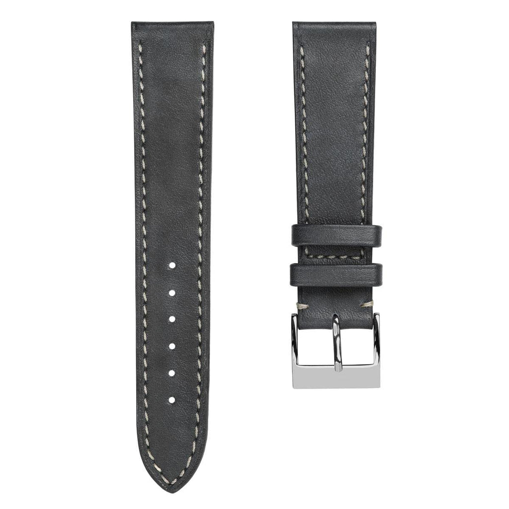 bracelet de montre en cuir de veau patiné plat Rochefort - Platine