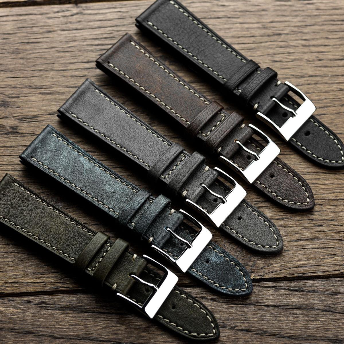 bracelet de montre en cuir de veau patiné plat Rochefort - Platine
