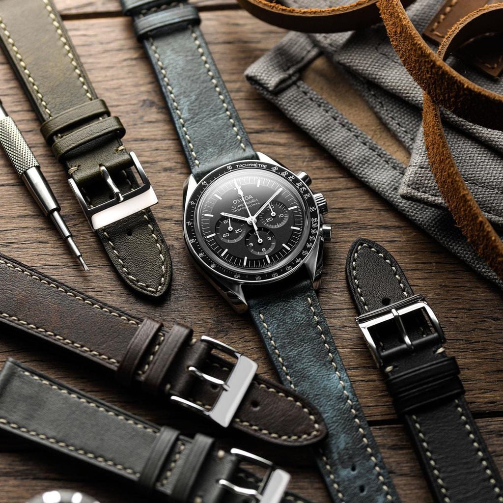 bracelet de montre en cuir de veau patiné plat Rochefort - Platine