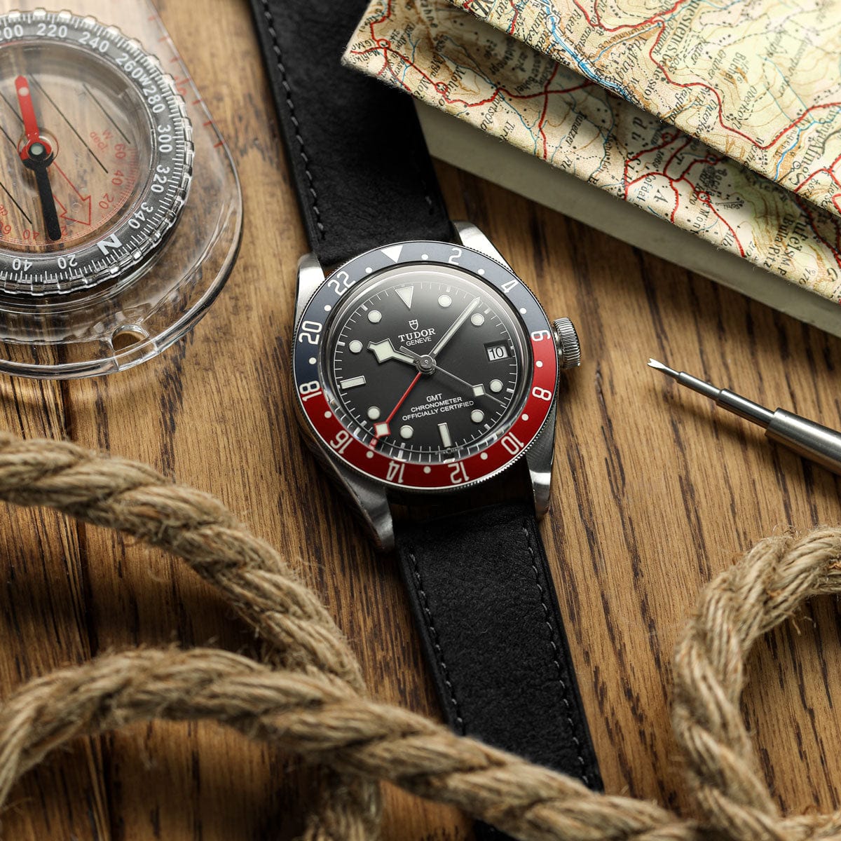 Foulard à semelle plate en nubuck et cuir fait main - Bracelet de montre noir