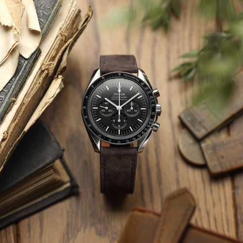 Bracelet de Montre en Cuir Nubuck Plat Mozet Fait Main - Marron Chocolat